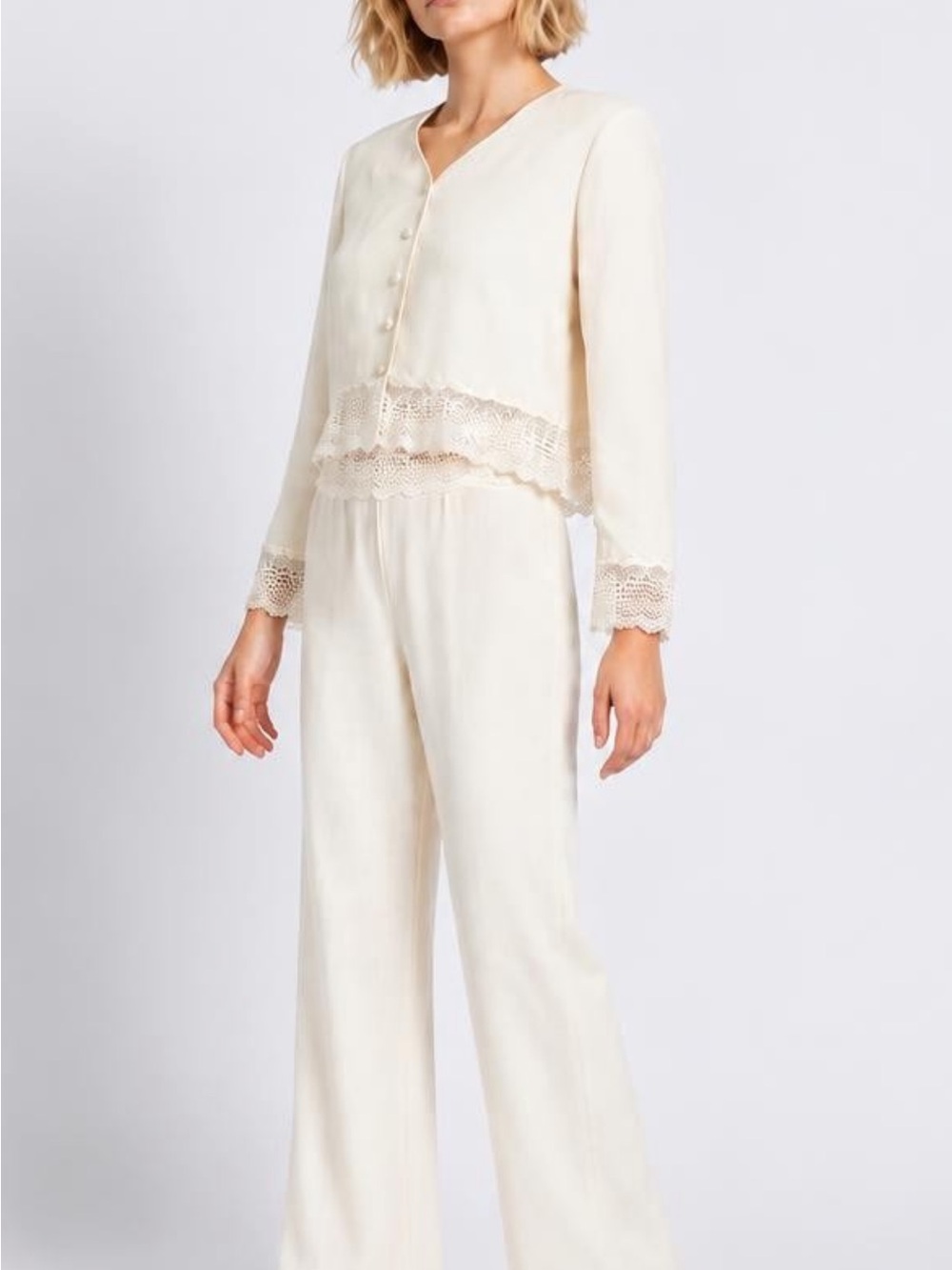 Nordstrom Women's Cream Lace-Trim Pantsuit Blouse and Slacks